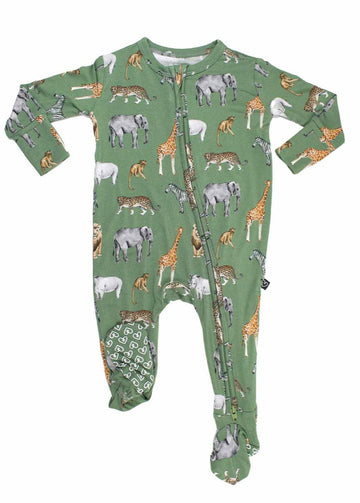 Green baby onesie with animal pattern on a white background