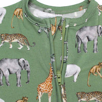 Green baby onesie with animal pattern on a white background