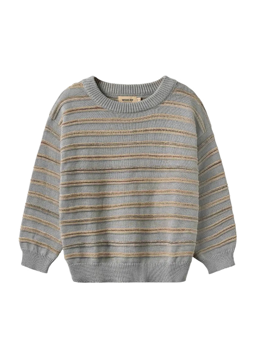 A children's knit sweater with horizontal stripes in gray, beige, and brown, featuring a crew neck and ribbed cuffs and hem, shown on a plain white background.