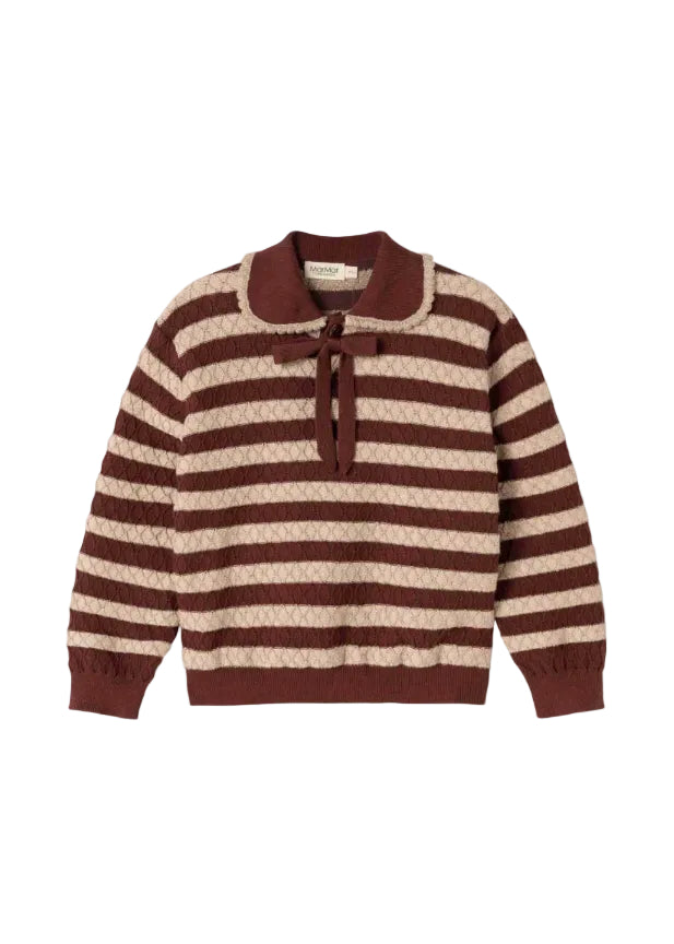 A striped knit sweater with a collar and front bow, featuring alternating dark brown and beige textured horizontal stripes, shown on a plain white background.