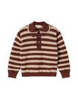 A striped knit sweater with a collar and front bow, featuring alternating dark brown and beige textured horizontal stripes, shown on a plain white background.