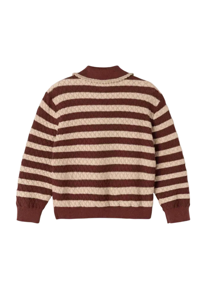 A striped knit sweater with alternating horizontal bands of dark brown and beige textured knit, featuring a solid dark brown mock neck, cuffs, and hem, shown from the back on a white background.