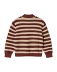 A striped knit sweater with alternating horizontal bands of dark brown and beige textured knit, featuring a solid dark brown mock neck, cuffs, and hem, shown from the back on a white background.