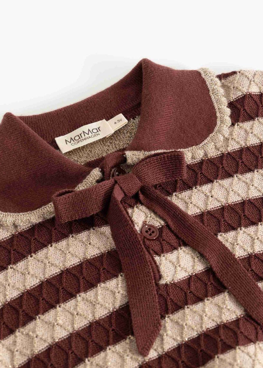 A close-up of a knit polo shirt by MatMar, featuring horizontal stripes in deep burgundy and cream with a matching burgundy bow tie at the collar.