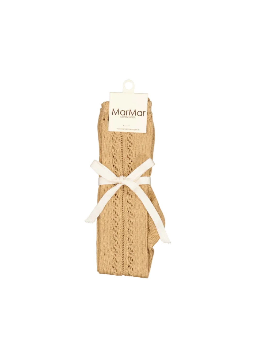 A pair of MarMar knit socks in a warm beige/tan color, tied with a white ribbon and featuring a white paper brand tag at the top, shown against a plain white background.