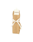 A pair of MarMar knit socks in a warm beige/tan color, tied with a white ribbon and featuring a white paper brand tag at the top, shown against a plain white background.