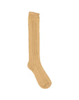 A single knee-high knit sock in a warm tan or camel color, featuring vertical openwork lace-like patterns, shown against a plain white background.