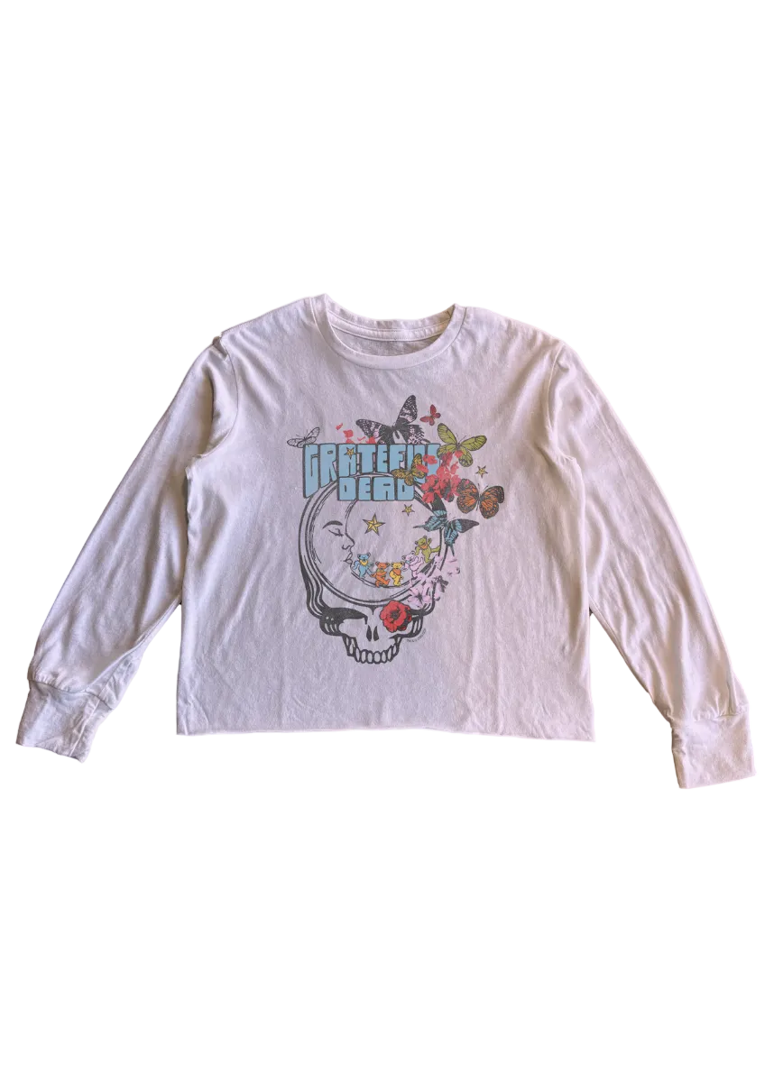 White long-sleeve shirt with a graphic design on a white background