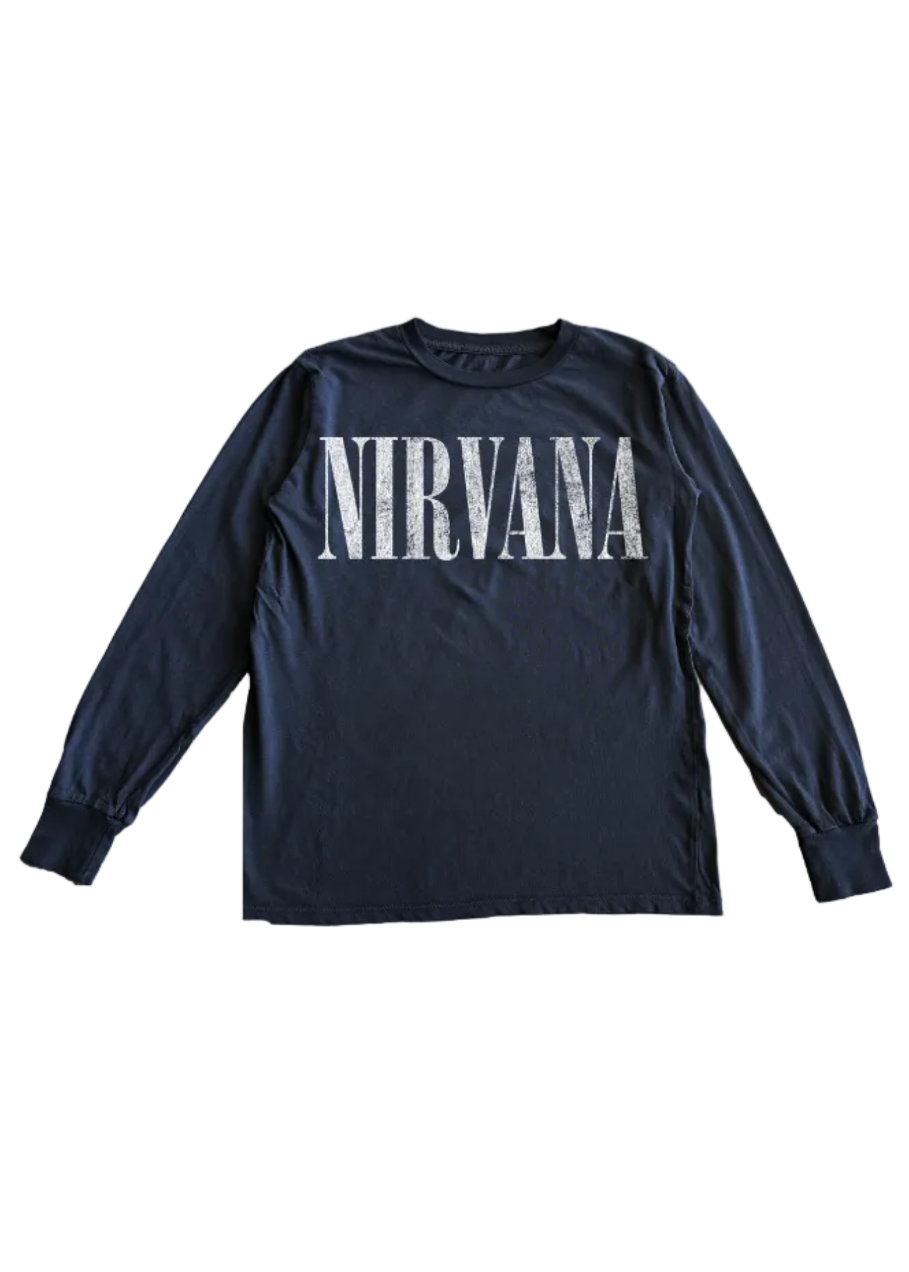 A navy blue long-sleeve t-shirt with 'NIRVANA' printed across the chest in a distressed white font, displayed flat against a white background.