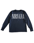 A navy blue long-sleeve t-shirt with 'NIRVANA' printed across the chest in a distressed white font, displayed flat against a white background.