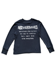 A dark navy blue long-sleeve t-shirt with a white graphic print on the back. The graphic features the word 'NEVERMIND' in a distressed, textured font, followed by a list of song titles in a smaller, clean font.