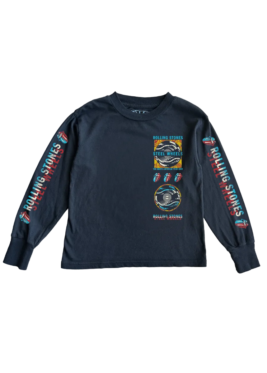 A dark navy blue long-sleeve t-shirt featuring Rolling Stones graphics, including the band's name and logo printed down both sleeves and on the front chest.