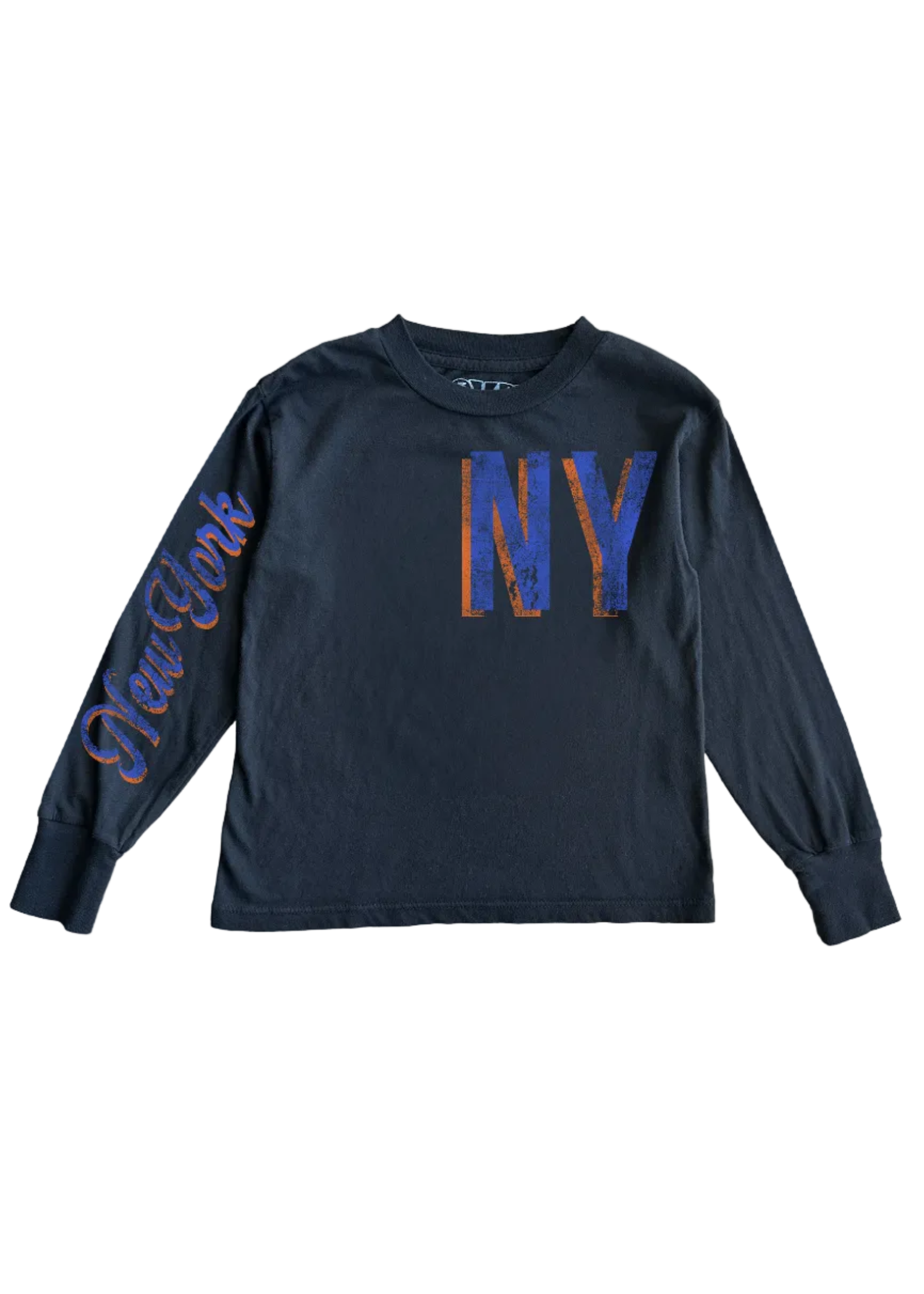 A navy blue long-sleeve t-shirt with 'New York' written in cursive script on the right sleeve and large distressed 'NY' lettering across the chest in blue and orange.