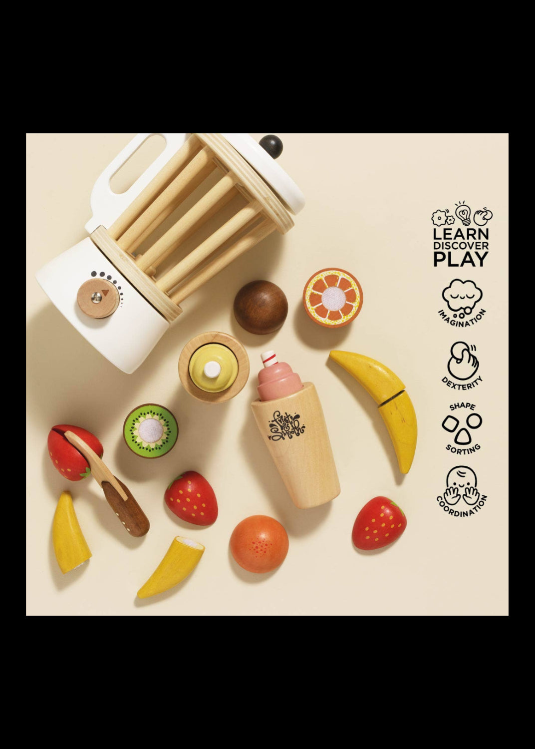 Wooden toy kitchen set with fruits and kitchen tools on a beige background, featuring the 'Learn Discover Play' logo.