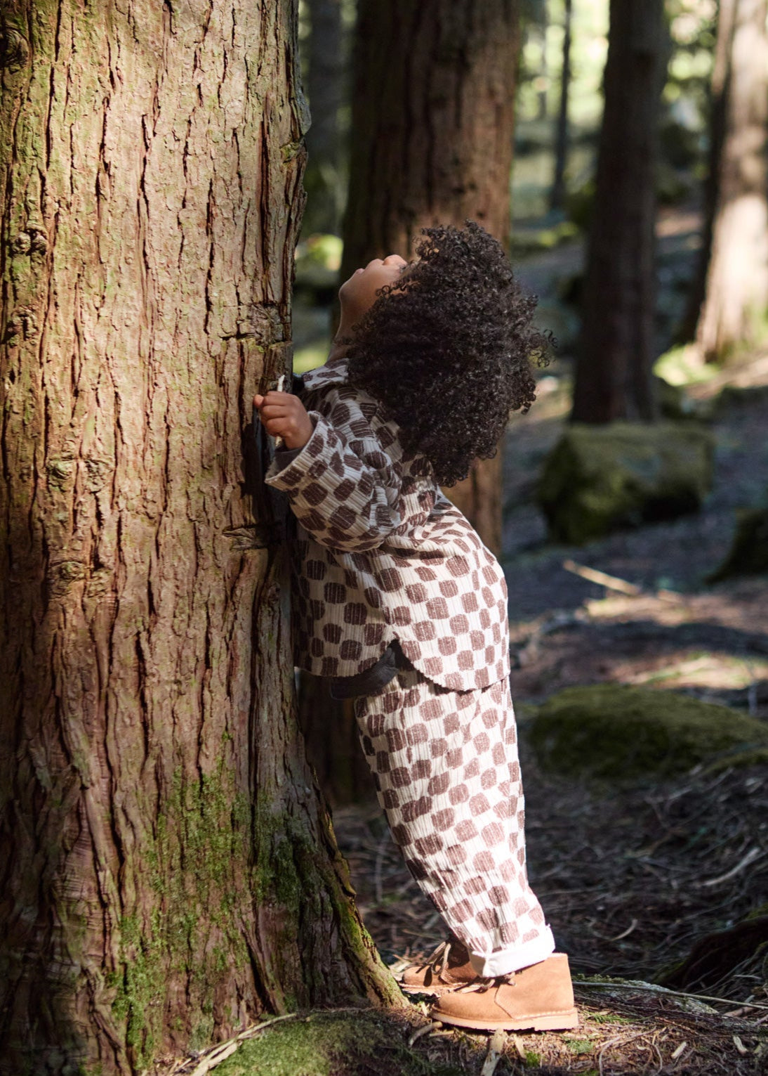 Child hugging a tree in a forest