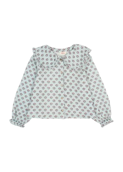 A light blue long-sleeve blouse with a small all-over floral print, featuring a ruffled collar and button-front closure.