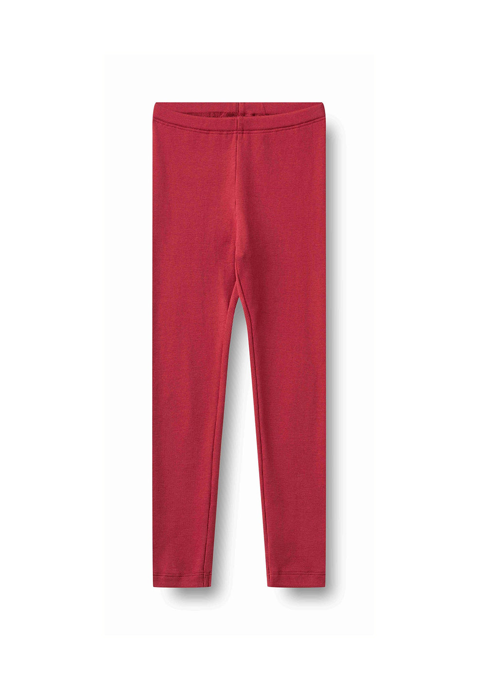 A pair of solid red leggings shown flat against a clean white background.