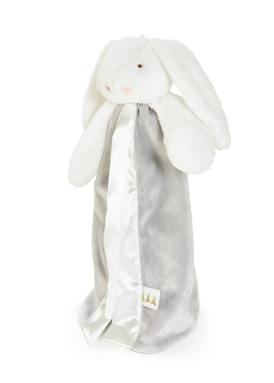 White plush bunny toy with a soft texture on a white background