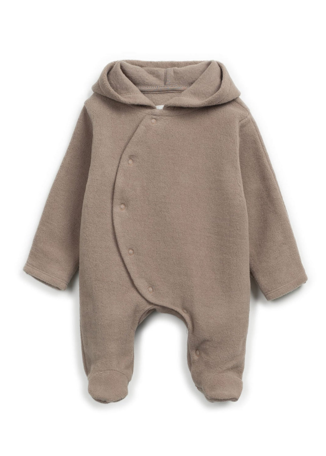 Brown baby onesie with a hood on a white background