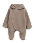 Brown baby onesie with a hood on a white background