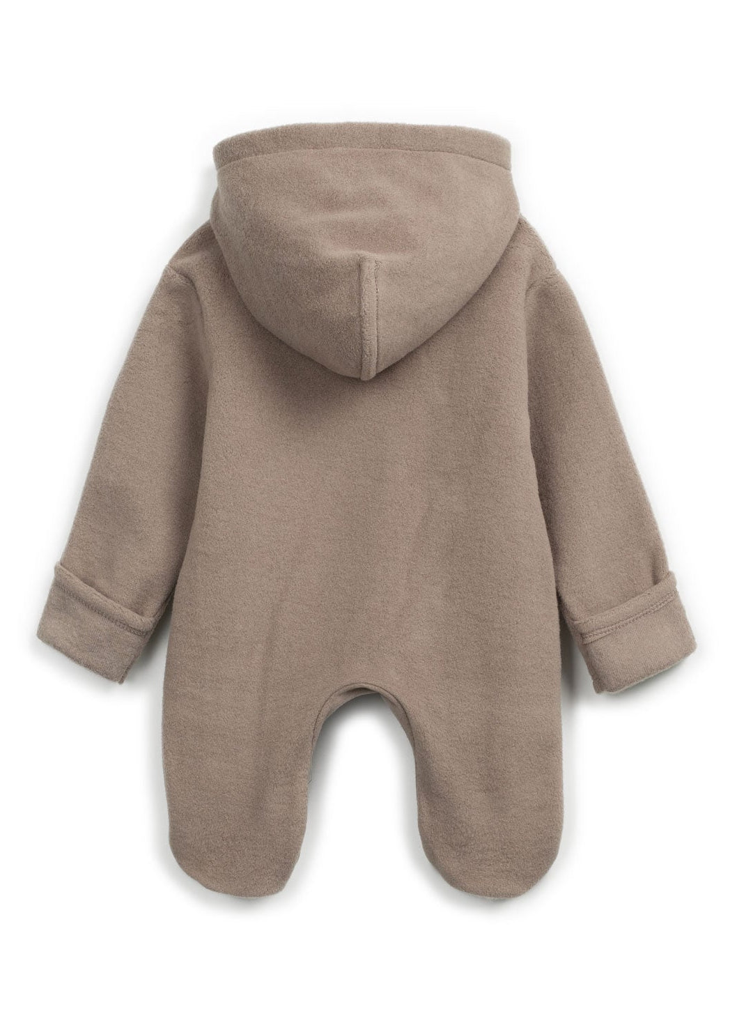 Brown baby onesie with a hood on a white background