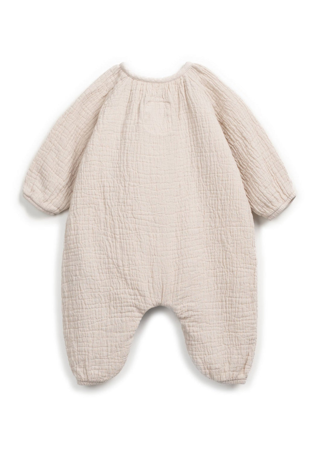 Beige baby onesie with bunny ears on a white background