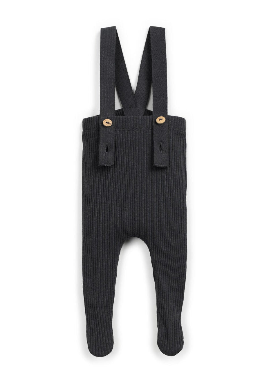 Black baby romper with suspenders on a white background