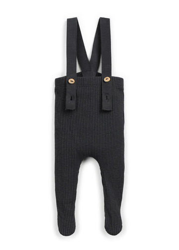 Black baby romper with suspenders on a white background