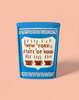 Blue container with 'New York State of Mind' text and coffee cup design on a pink background