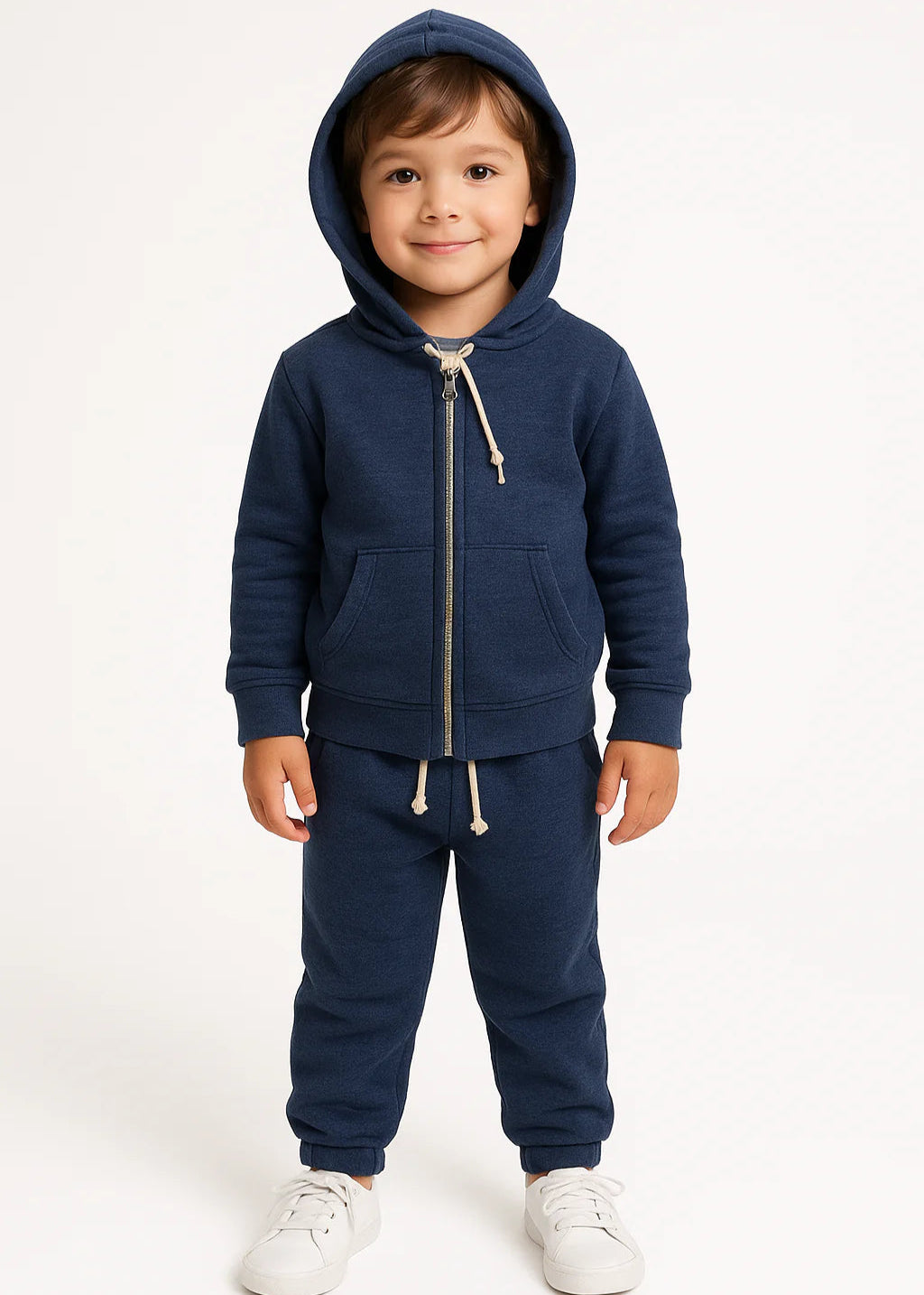 Child wearing a navy blue hoodie and pants set on a white background