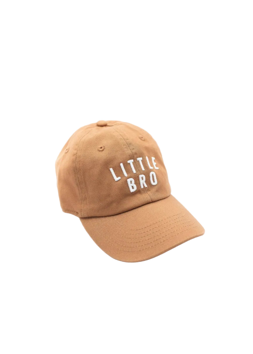 Tan cap with 'LITTLE BRO' text on a white background