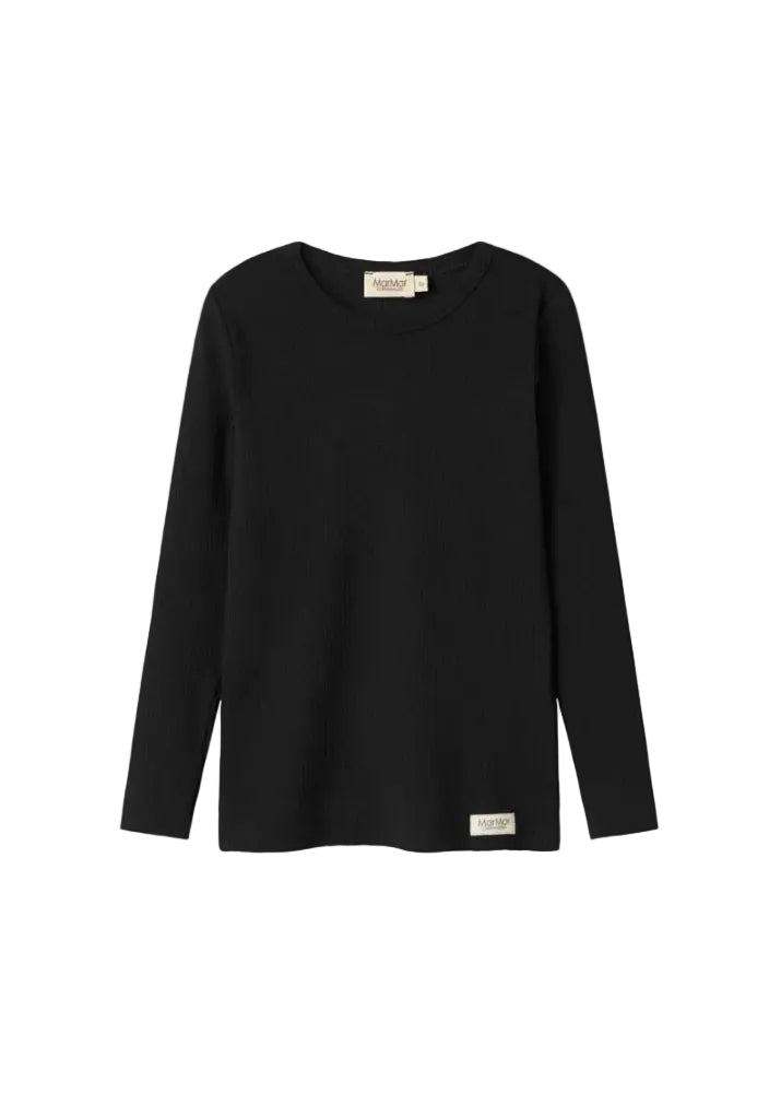 A black long-sleeve ribbed knit top with a crew neck, shown flat against a plain white background. A small beige brand label is visible on the inner neck and near the bottom hem.