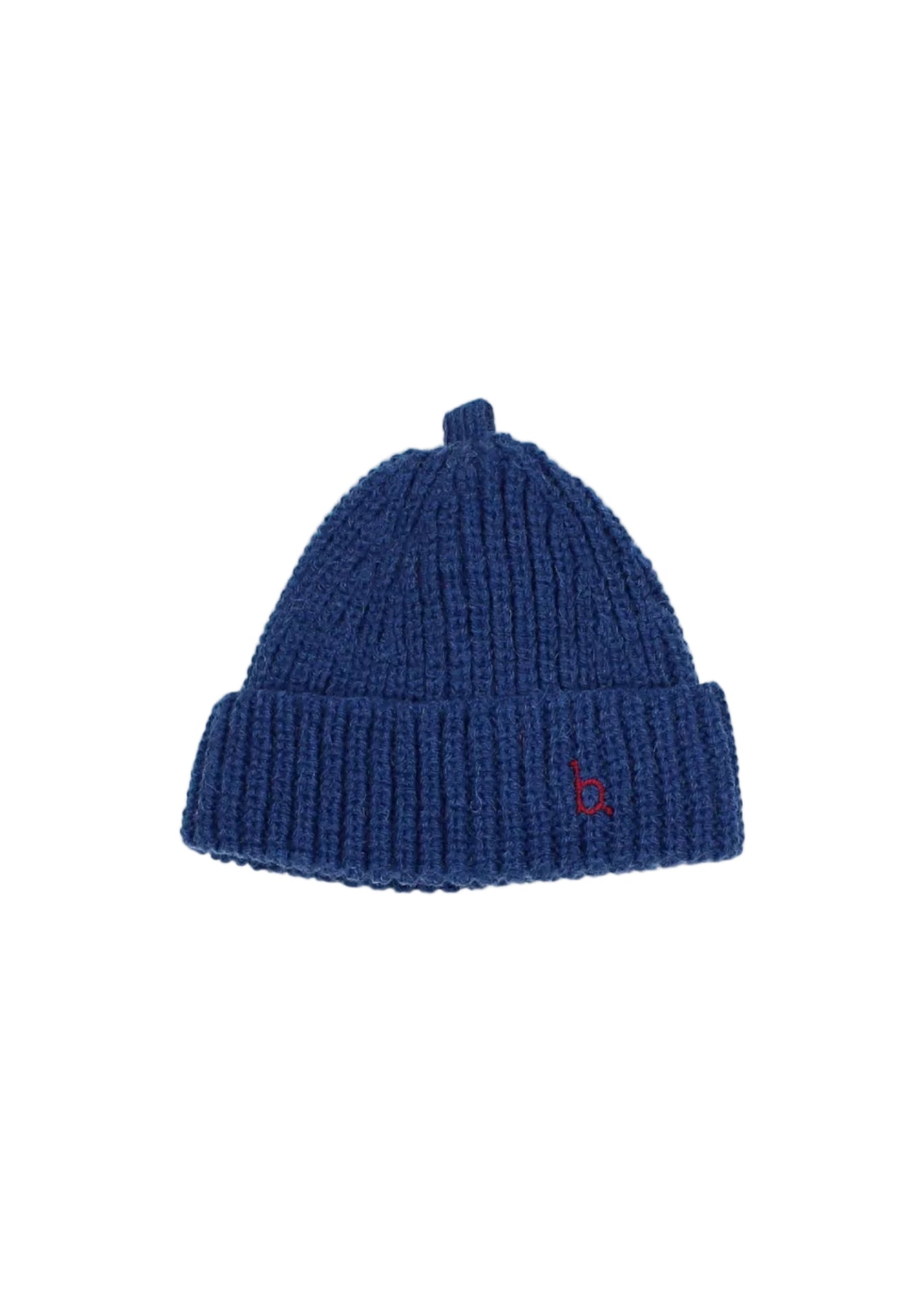 Blue knit beanie with a red logo on a white background