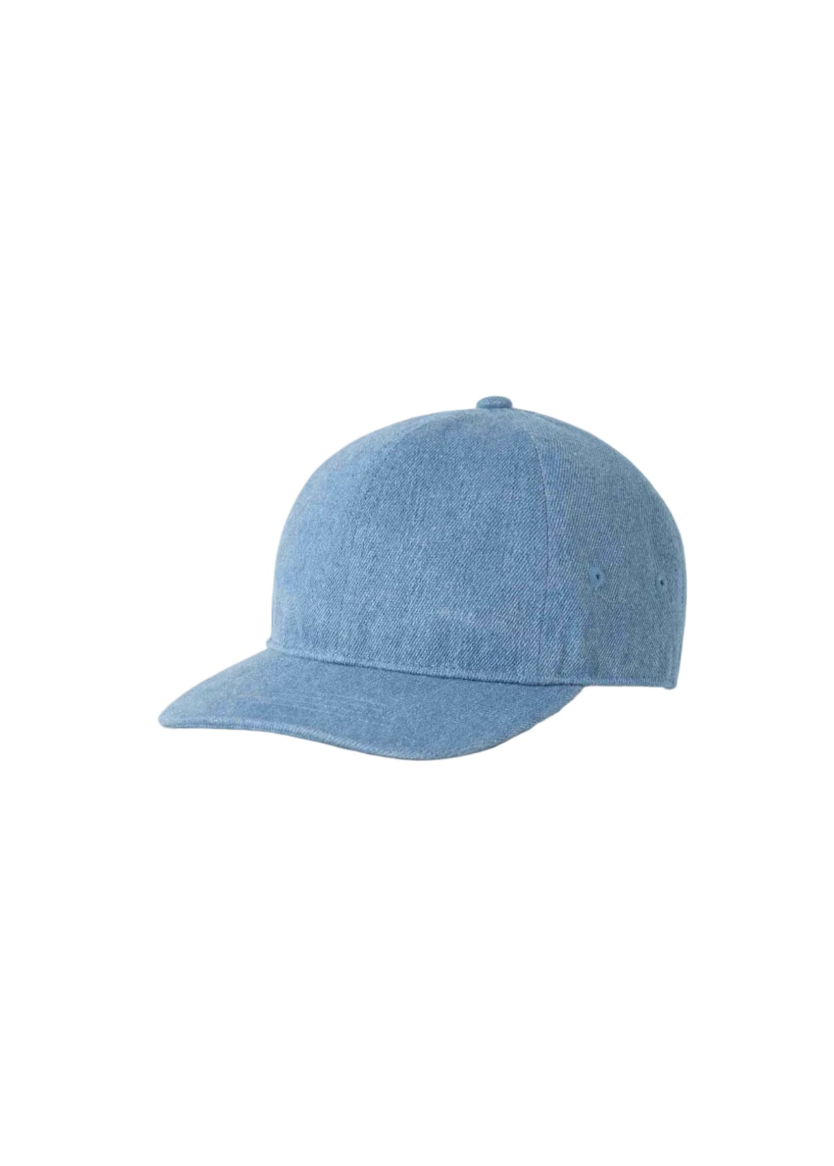 A light blue denim baseball cap shown from a three-quarters angle on a clean white background.
