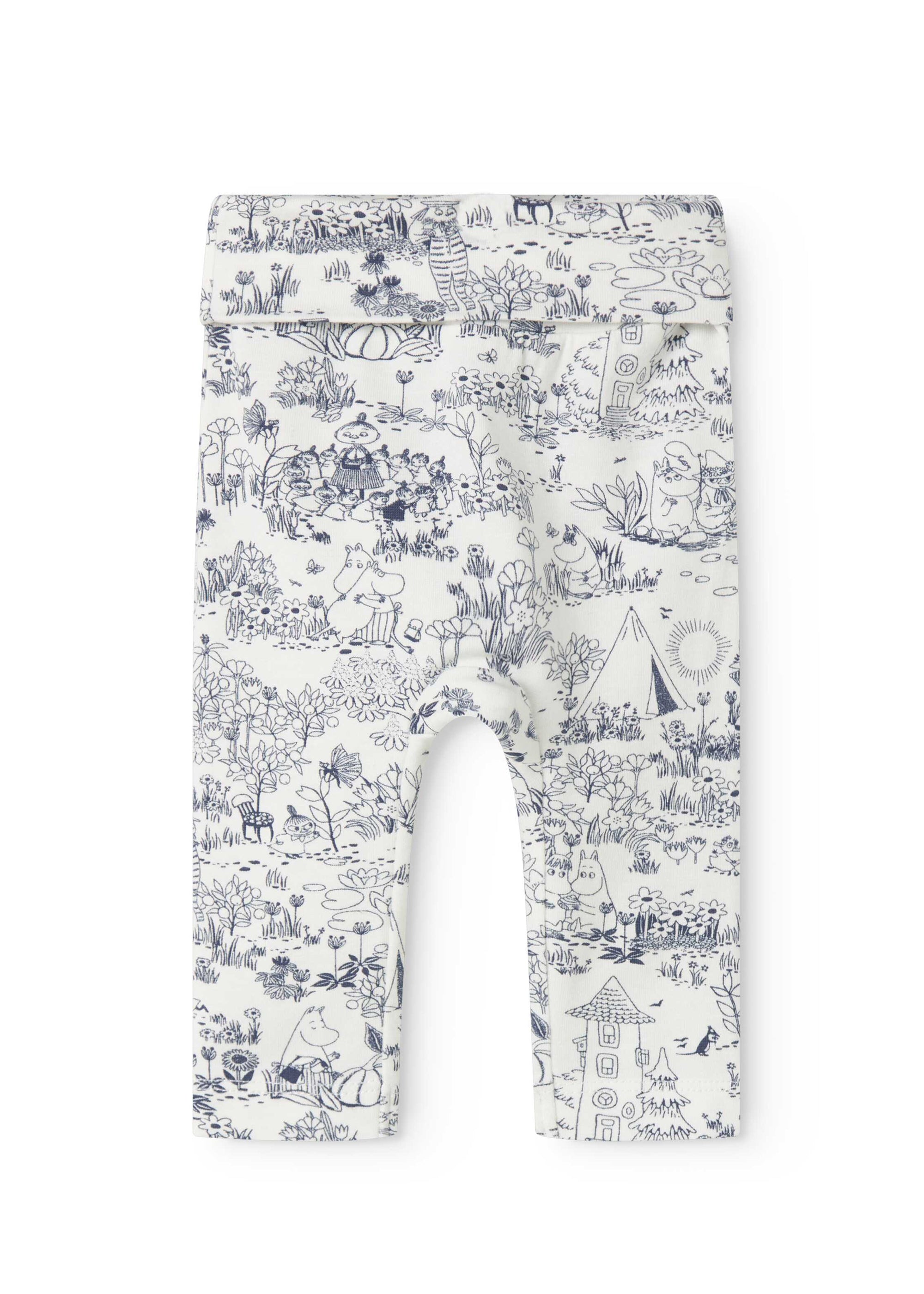White baby leggings with blue printed design on a white background