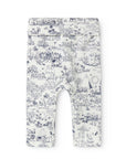 White baby leggings with blue printed design on a white background