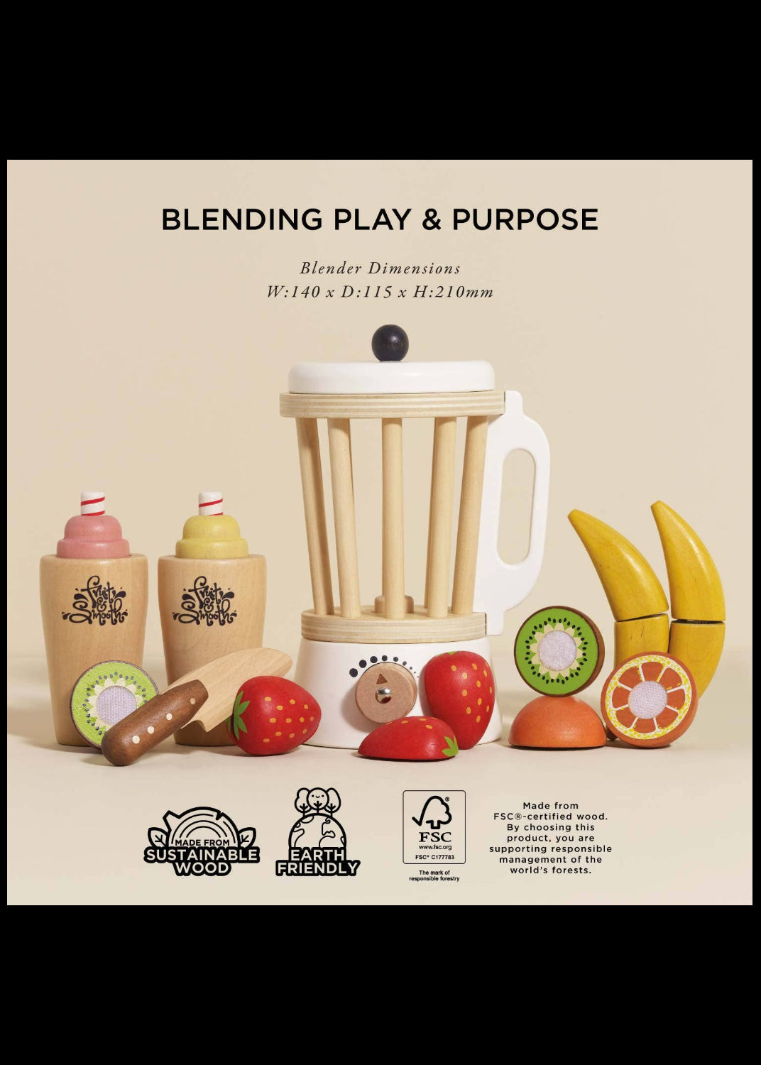 Wooden toy blender set with fruits and a measuring cup on a beige background, featuring sustainability logos.