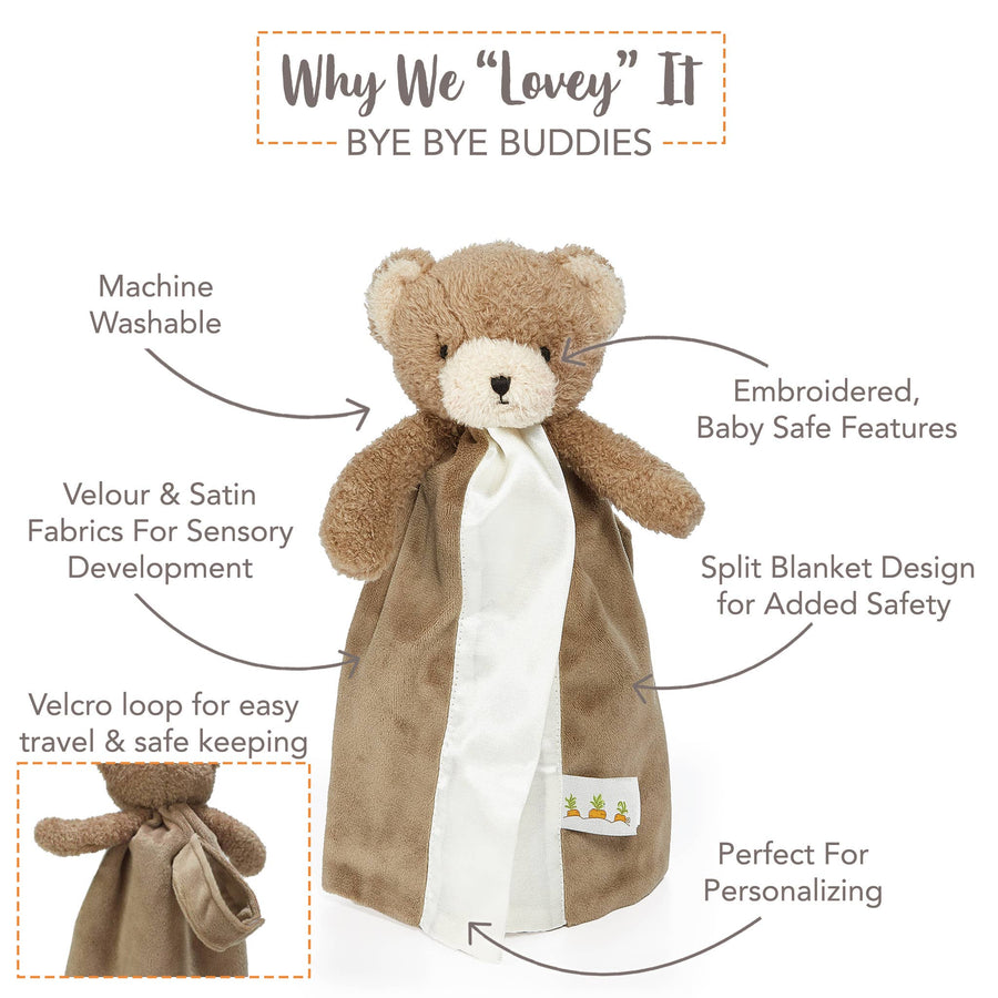 Bye Bye Buddies teddy bear with features highlighted on a white background