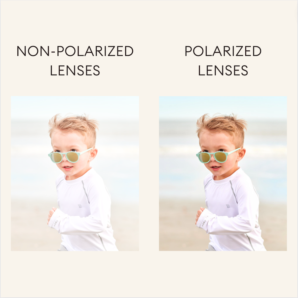 Comparison of non-polarized and polarized lenses on a child wearing sunglasses.