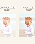 Comparison of non-polarized and polarized lenses on a child wearing sunglasses.