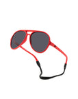 Red sunglasses with a black strap on a white background