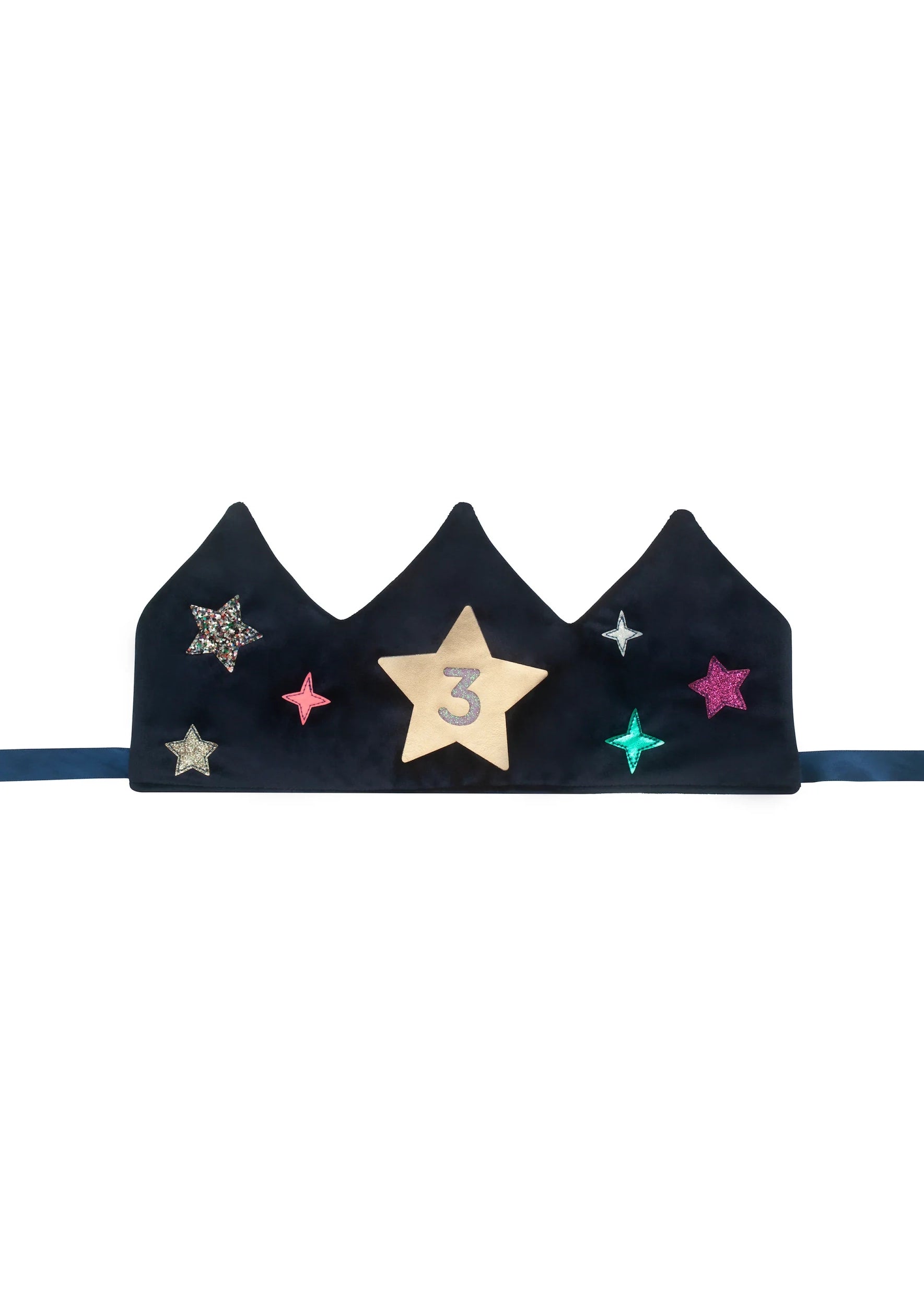 Black tiara with decorative stars and a number 3 on a white background