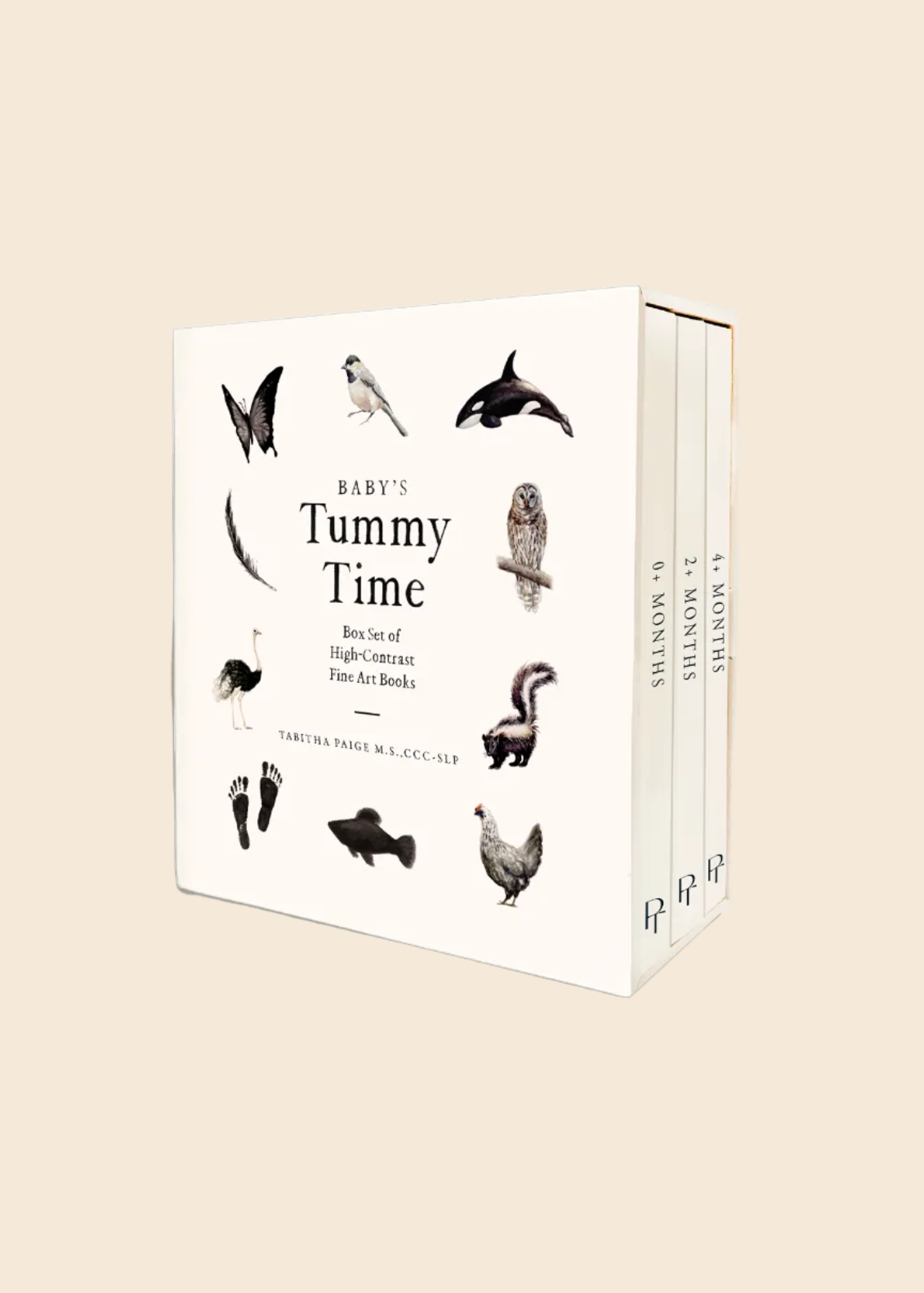 A boxed set of three art books titled "Baby's Tummy Time" by Tarantina Page, shown as a clean studio product shot on a warm off-white background. The box front features black-and-white animal illustrations including a butterfly, bird, dolphin, owl, skunk, fish, and chicken, with the title in large serif text.