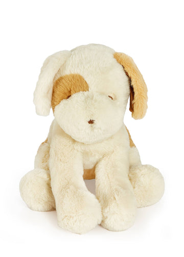 Plush toy dog with cream body and brown ears on a white background