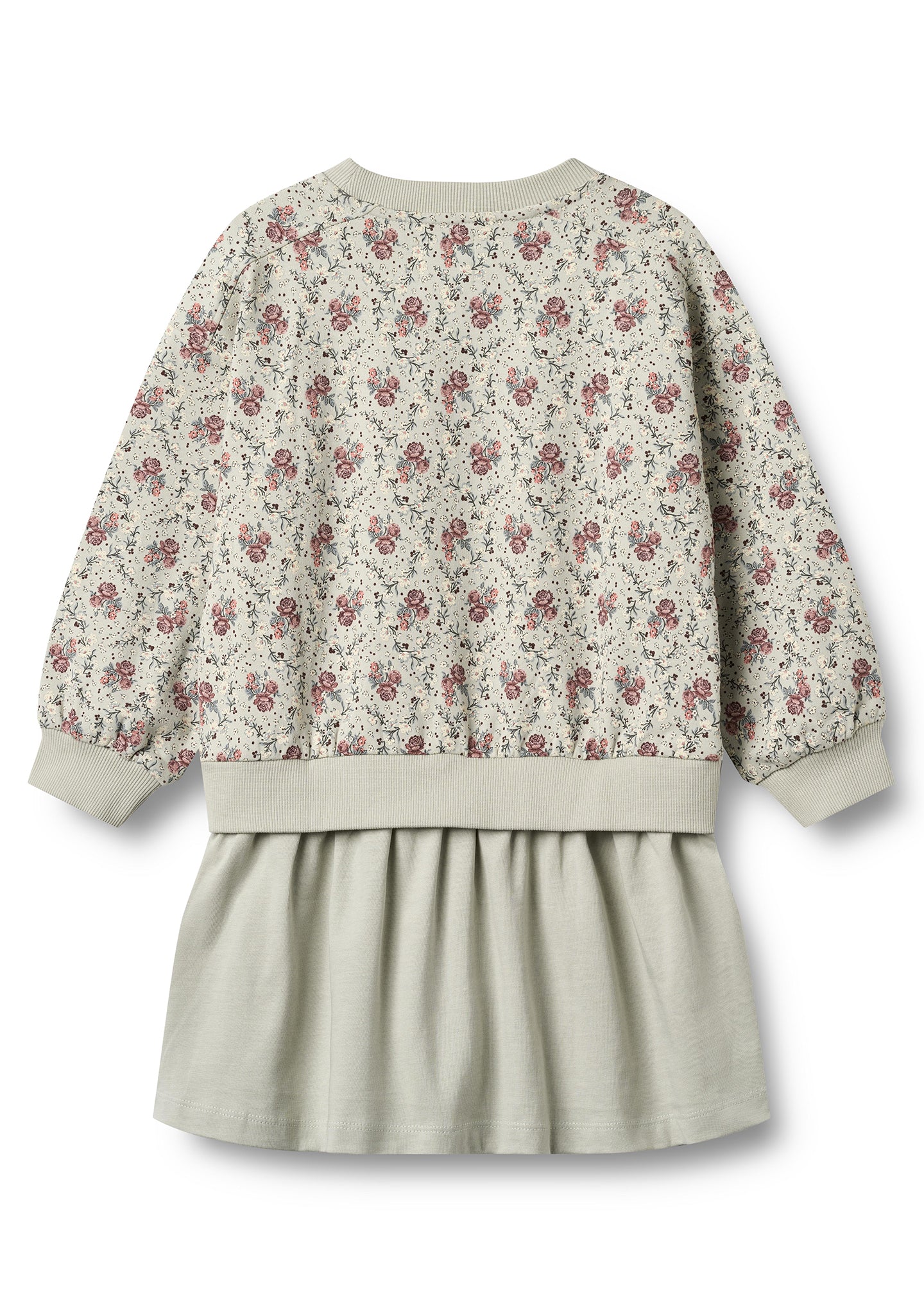 Floral-patterned top and beige skirt set on a white background