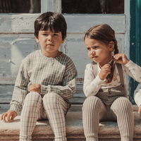 Three children sitting on a step outdoors, wearing matching outfits.