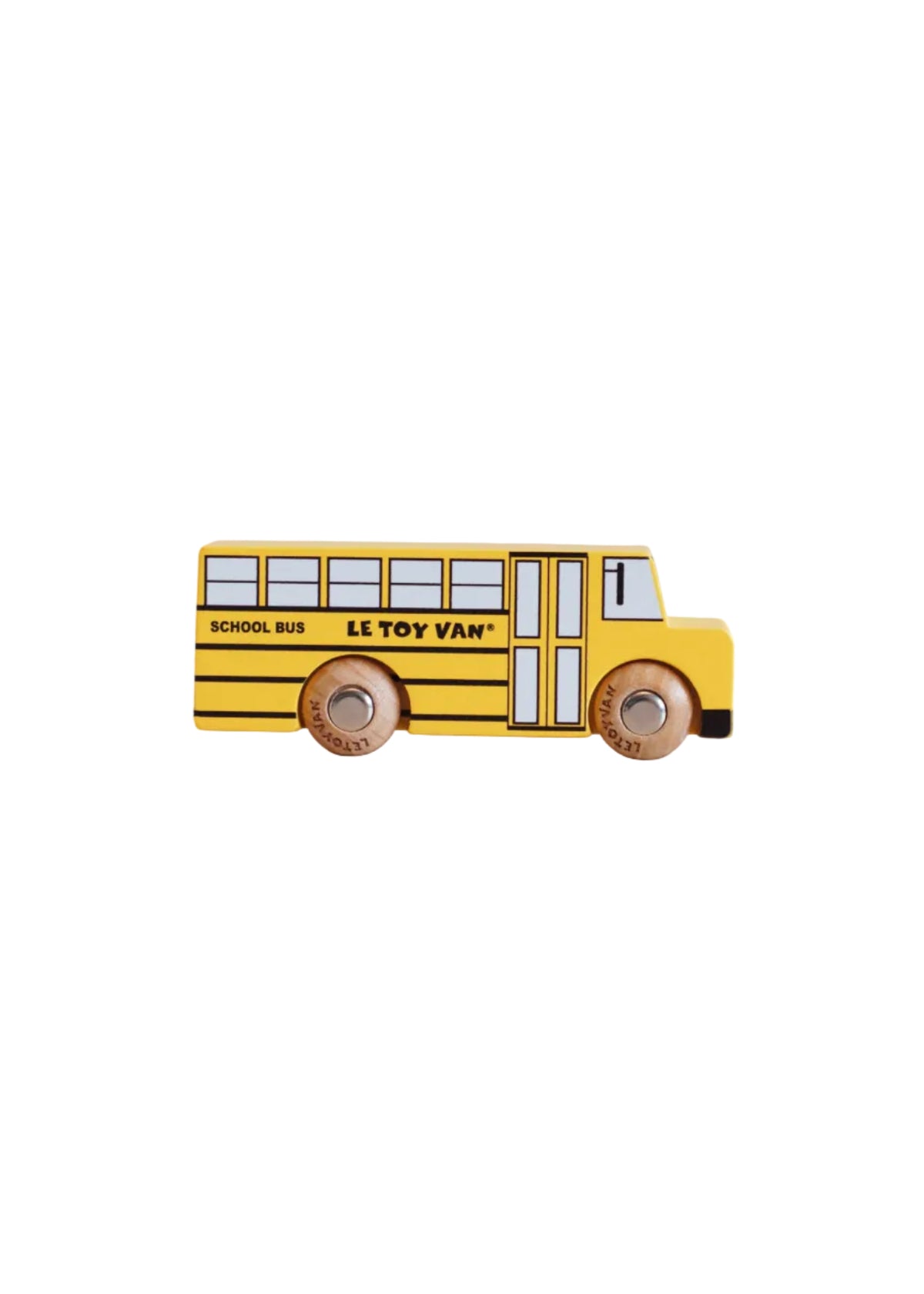 Wooden toy school bus with 'Le Toy Van' branding on a beige background