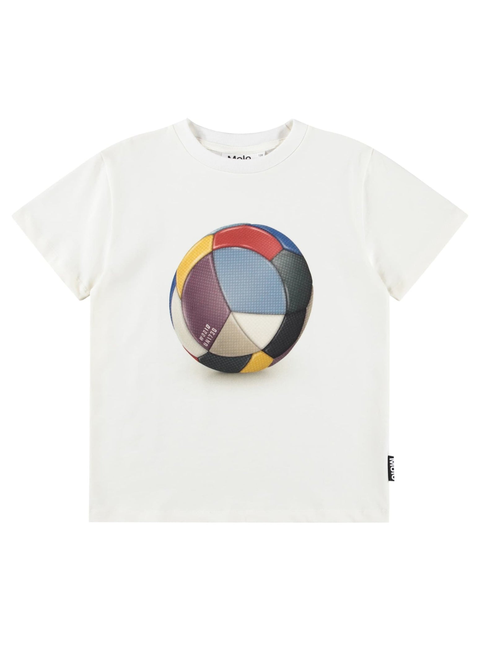 White t-shirt with a colorful circle design on a white background