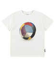 White t-shirt with a colorful circle design on a white background