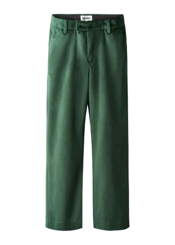 A pair of dark green wide-leg trousers shown flat against a plain white background, featuring belt loops, a front crease, and a visible 'molo' brand label at the waistband.